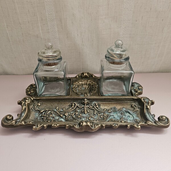 Vintage Hollywood Regency Brass Desk Set with Two Glass Inkwells and Pen Tray