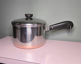 Vintage Revere Ware 3 Qt Saucepan With Lid, Copper Clad Bottom Pot, Double Ring 1801 Revere Ware Stainless Steel Cookware, Made in USA