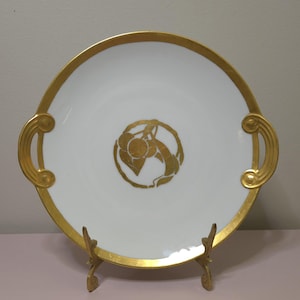Limoges UC France White Gold edge handled dish platter 11&quot; 1927 Handpainted and Signed