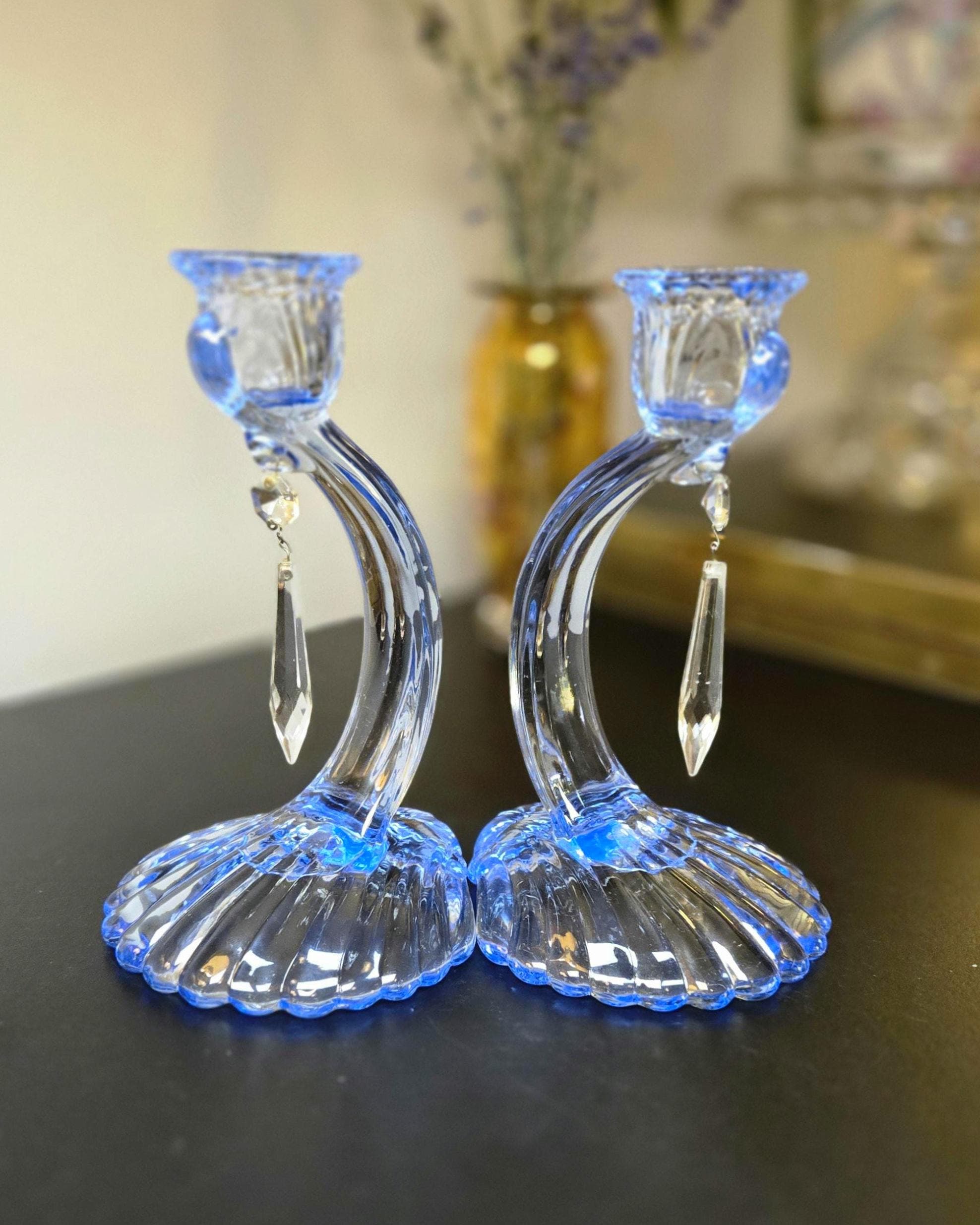 Vintage Cambridge Glass Caprice Moonlight Blue #70 Candlesticks