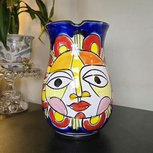 Vintage Pier 1 La Musa Sun Face Pitcher, Hand Painted in Italy, Blue Ceramic Art Pottery Jug, Colorful Face Vase, 9 Inch