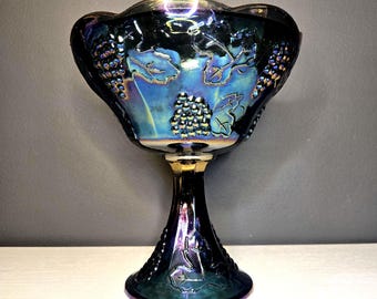 Vintage Carnival Glass Blue Compote Bowl Harvest Grape Leaf Pattern 8"H Candy Pedestal Dish