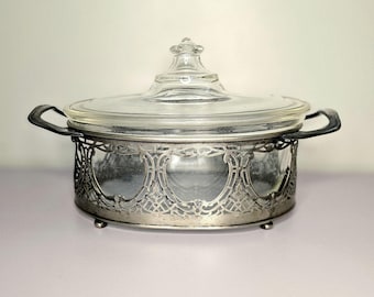 Vintage Royal Rochester EPNS Silverplate Casserole Holder with Pyrex Glass Dish & Lid, Chafing Server, Mid Century Serving Casserole Dish