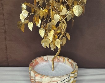 Vintage Tree Twisted Trunk Gold Leaf Leaves Brutalist with Ceramic Planter 1970s Mid Mod 11" tall