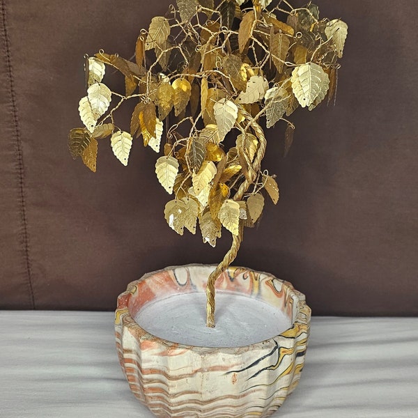 Vintage Tree Twisted Trunk Gold Leaf Leaves Brutalist with Ceramic Planter 1970s Mid Mod 11" tall