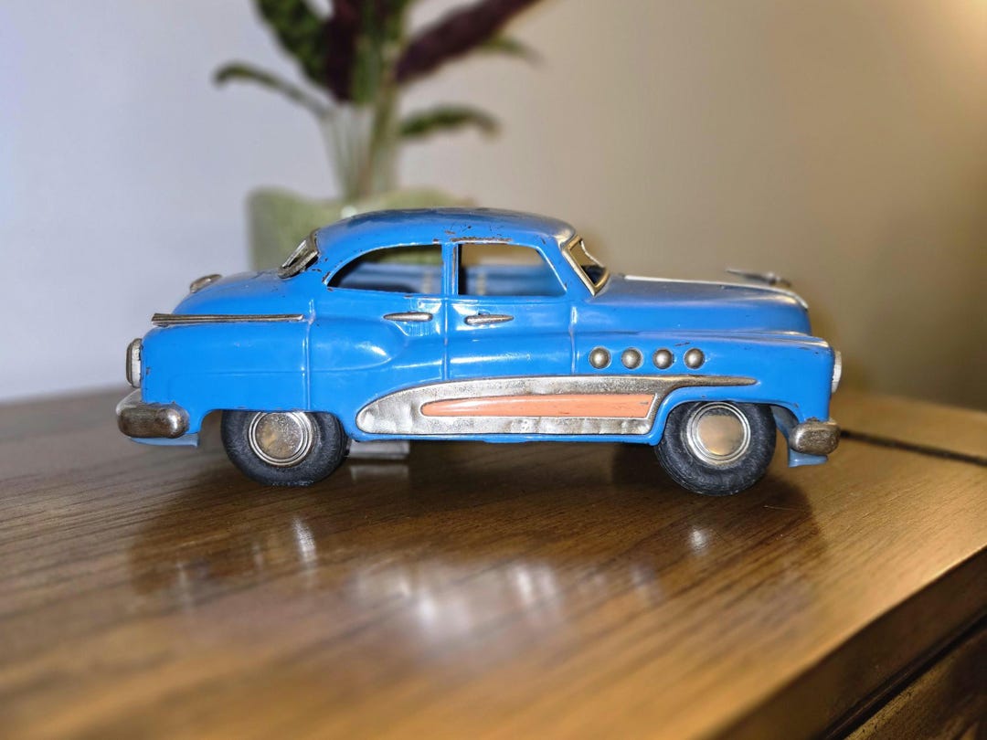 Vintage Blue Tin Toy Car Mid century Metal Wind up Sedan vintage-blue-tin-toy-car-mid-century-metal-wind-up-sedan