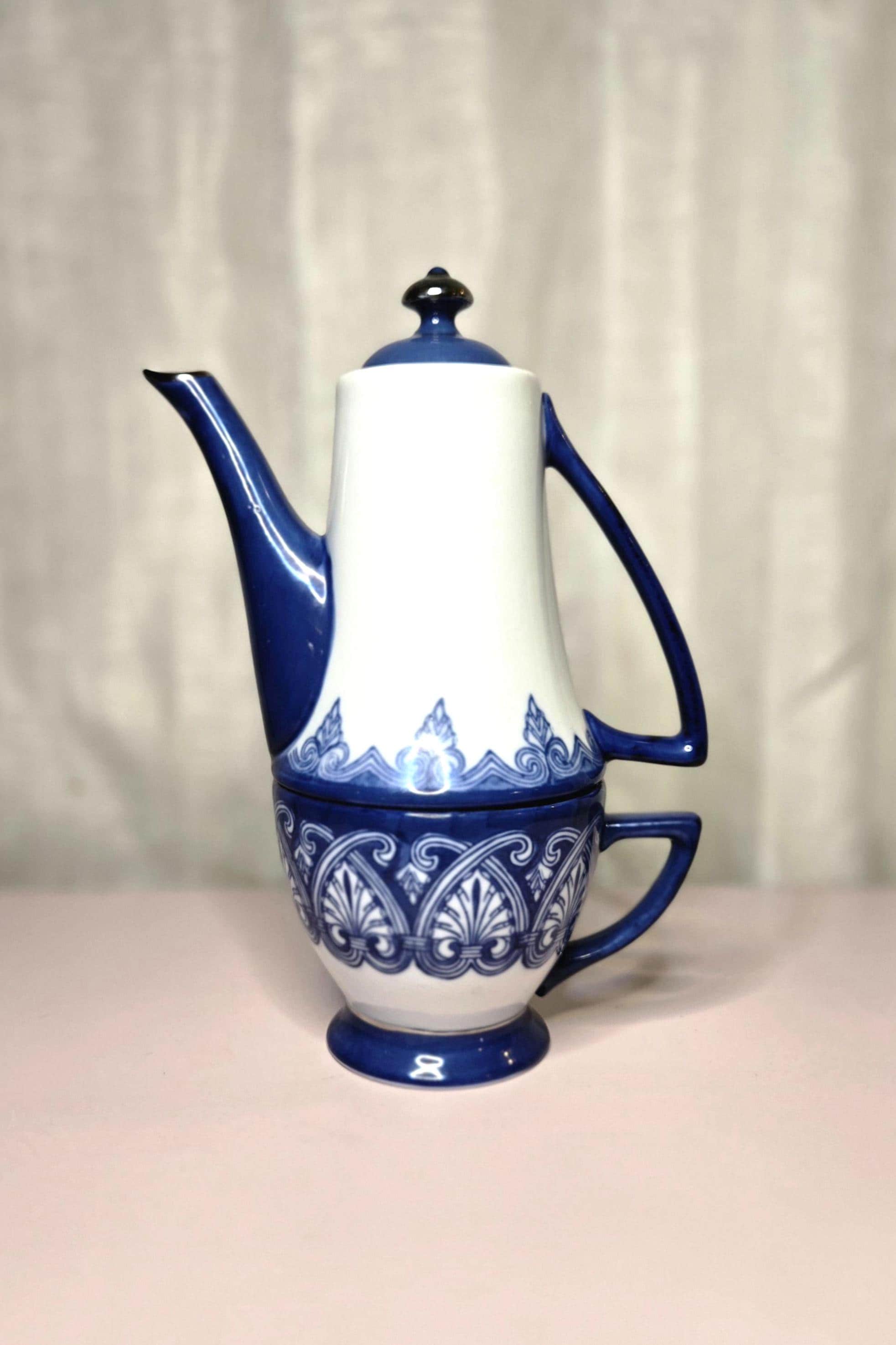 Vintage Bombay Blue & White Teapot with Cup – Ceramic Stackable Tea for One Set, Blue Floral Bombay China, Collectible Kitchen Decor