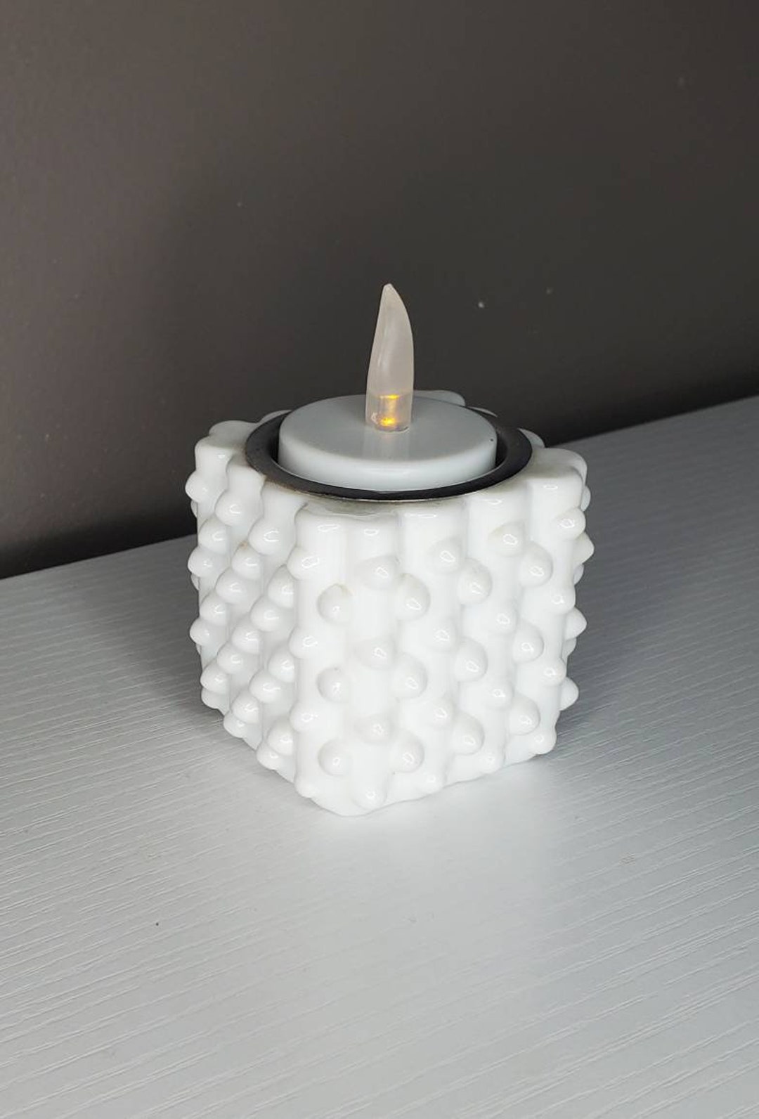 Vintage Modern Cube Lighter Base Fenton Milk Glass Hobnail Cube Lighter