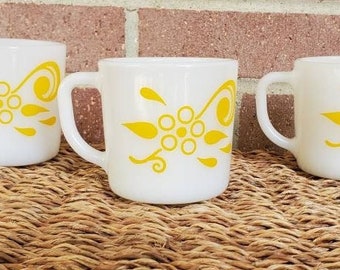 Set of 3 Vintage Federal Glass Co. Milk Glass Mugs with Yellow Retro Flower Coffee Mugs