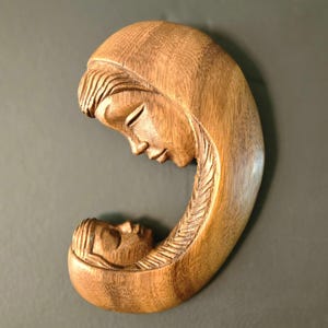 Vintage New Mom Hand carved Mother Cradling Baby wall plaque 8 1/2&quot;