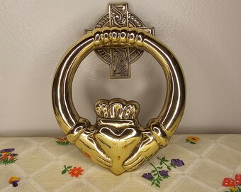 Large Claddagh Celtic Heart in Hands Solid Brass Doorknocker With Engraved "L"