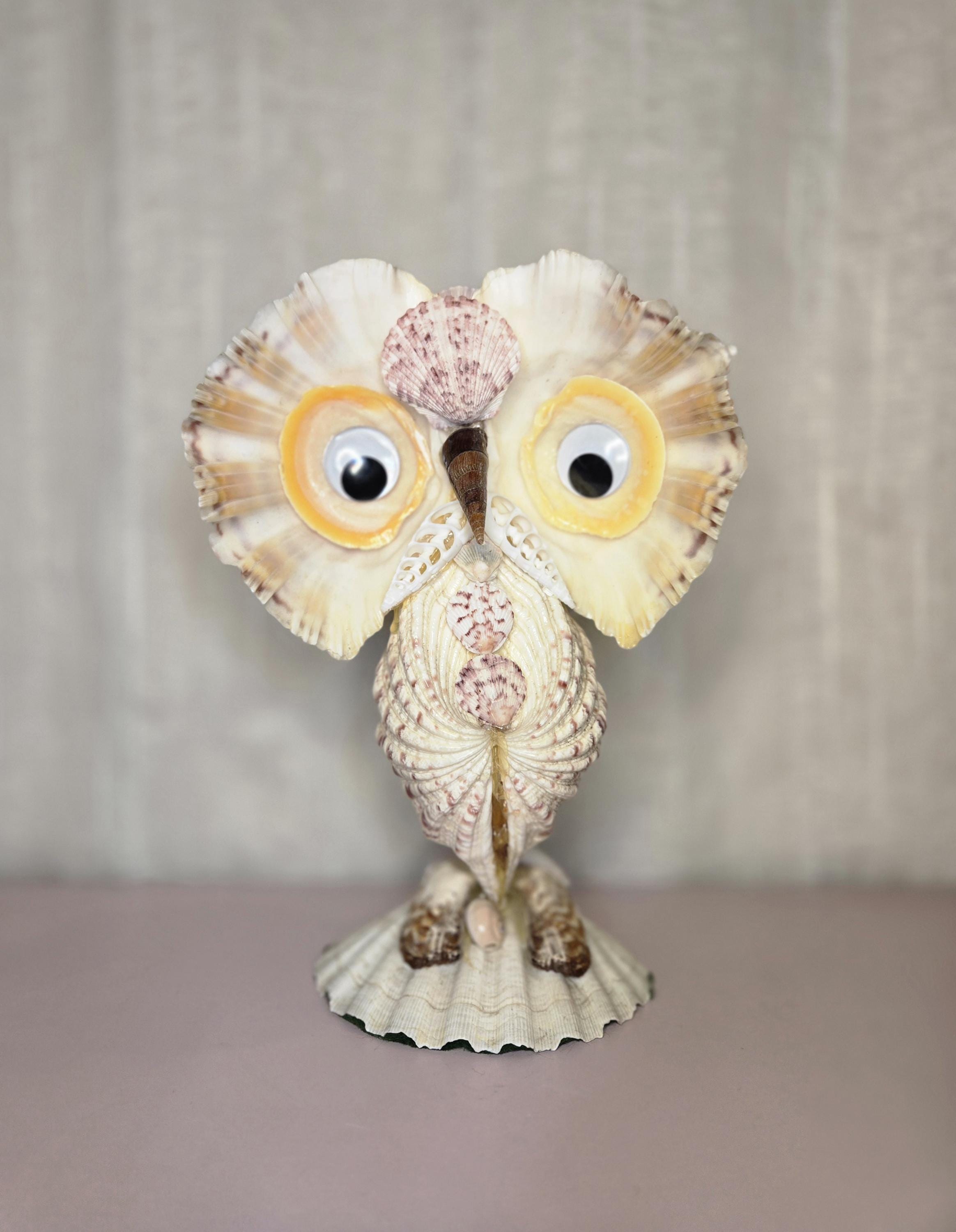 Vintage Seashell Beach Owl Sculpture Oceanic Kitchy Kitsch 9 1/2"