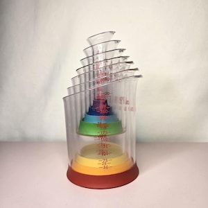 May include: A set of clear plastic measuring cups nested together, with red, orange, yellow, green, blue, and purple interior cups. The cups have red measurement markings in milliliters and ounces.