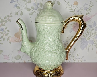 Ornate Vintage 1960s Cameron Pottery Mint Green Ceramic Glazed 6-Cup Teapot-Gold Trim