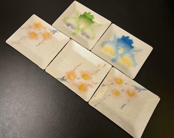 Vintage Japanese Cloisonne Enamel Trays Set of 5 Silver Floral Iris Cherry Blossom Trinket Dishes 5x4
