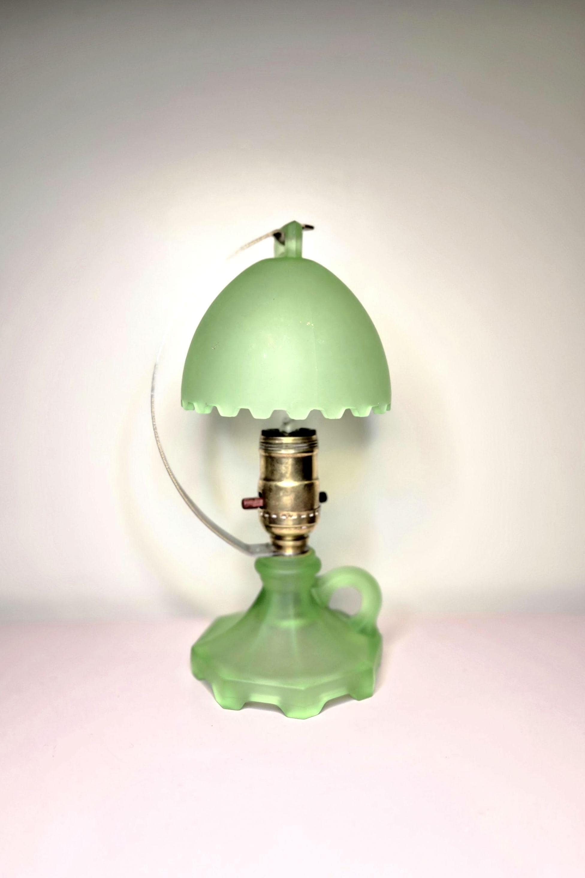 Vintage Houzex Frosted Green Art Deco Green Uranium Glass Lamp and