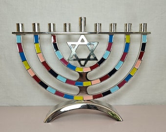 Jewish Hanukkah Menorah Judaica Judaism Israel Stainless Steel Painted Enamel Eclectic Decor