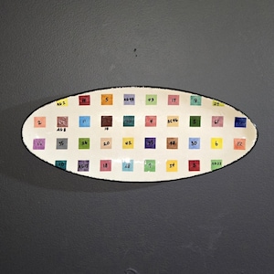 May include: Oval ceramic serving dish with a white interior and a black rim. The dish is decorated with colorful squares, each containing a number or text. The numbers and text are in black. The dish is on a gray background.