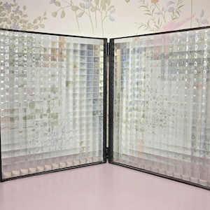 Vintage Layered Glass Hinged Display Frame —Cobalt Blue & Textured Clear Glass, 10x8 Panels, MCM Modern Art Glass Screen, Double Panel Frame