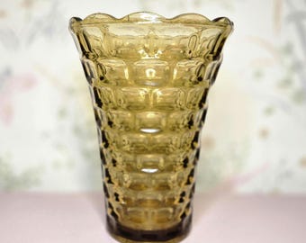Federal Glass Vintage Colonial Yorktown Amber Gold 8” Large Flower Vase Pressed Geometric Thumbprint Glass
