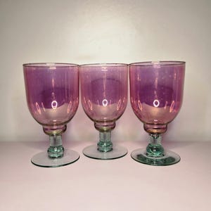 Set of 3 Rosanna Inc Glass Iridescent Pink and Blue with Gold Rim Modern Wine Glasses
