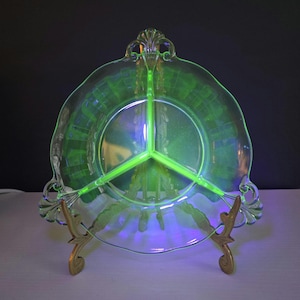 Vaseline Uranium Glass 3 Compartment Glass Relish Platter with Ornate Handle Details Glowing Glass
