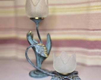 Vintage Tulip Candle Holders Pair Frosted Glass Flower Candlesticks Shabby Chic Blue Metal Patina Taiwan 1997