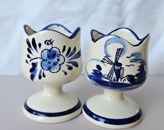 2 Vintage Cottage Core or French Country Hand Painted Delft Ceramic Egg Cup Navy Painted