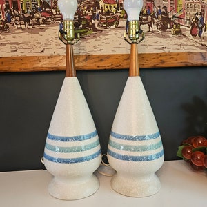 Pair of Vintage Original Mid-Century Modern Ceramic Pottery Walnut Wood and Blue Stripes Table Lamps