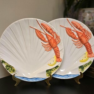 Vintage Italian Effetti Lobster Plates Set of 2 Majolica 3D Seafood Shell Plates Made in Italy Coastal Decor 10”
