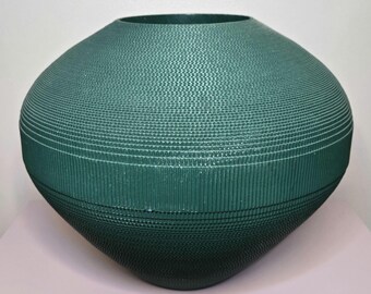 Vintage Flute Chicago Corrugated Cardboard Vase • 1980s Hunter Green Sculptural Vase • Large Textured Modernist Decor • 13.5” Round Art Vase