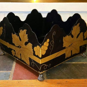 Vintage Gilded Fireplace Wood Log or Planter Box | Black & Gold Metal Cachepot with Claw Foot | Hollywood Regency Hearth Decor