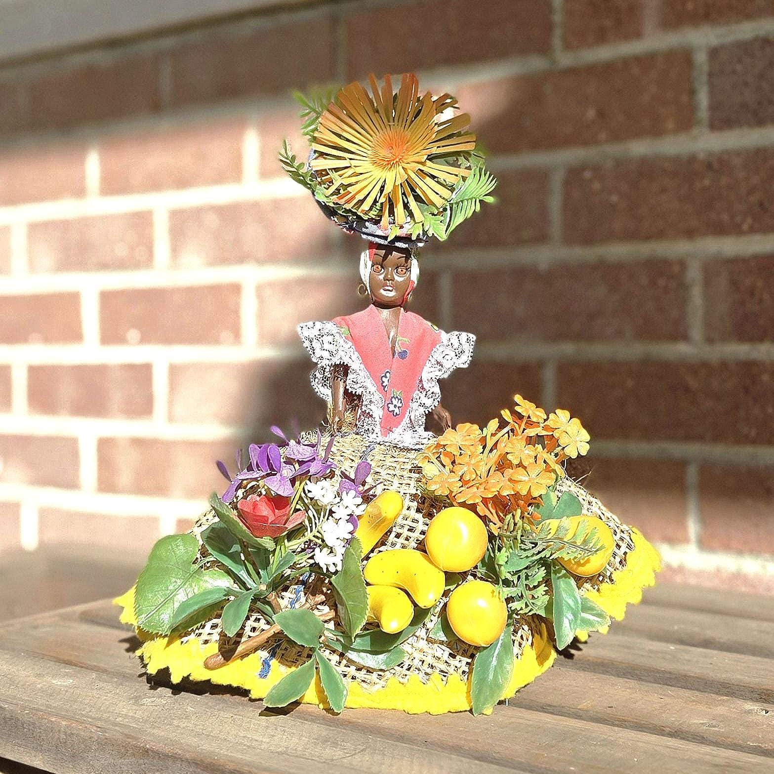 Vintage Caribbean Folk Art Lady Figurine – Handmade Burlap Skirt