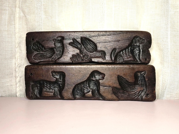 Antique Hand Carved Wooden Cookie Mold Set – Primitive Folk Art Dog & Bird Motifs Baking Press, Rustic Farmhouse Kitchen Decor, Collectible