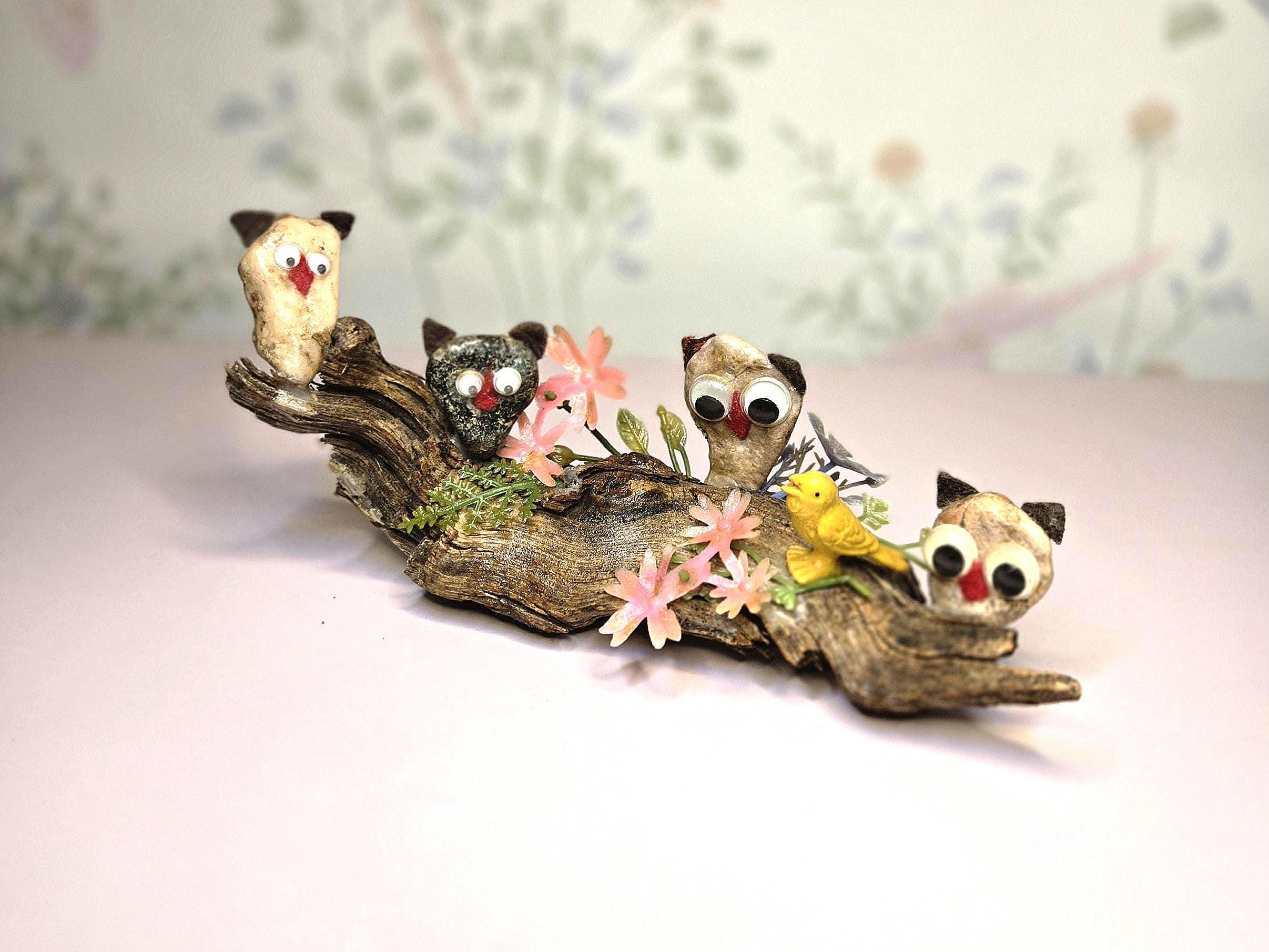 Vintage Handmade Owl Figurines on Driftwood Branch Googly Eyes Mid Century Kitsch Woodland Decor