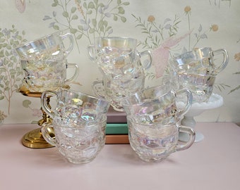 Vintage Federal Glass Iridescent Thumbprint Yorktown Teacups Raindow Glow