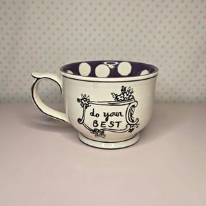 Anthropologie Molly Hatch Mug Footed Teacup Do Your Best Quote Purple Polka Dot Cup Motivational Coffee Tea Cup Cottagecore Gift Collectible image 1