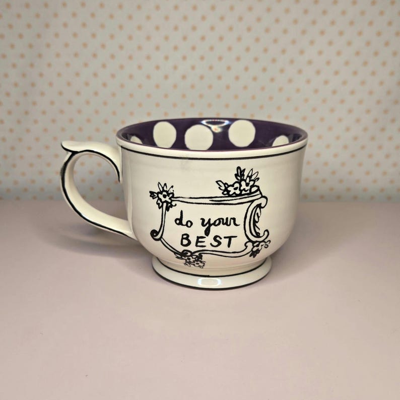 Anthropologie Molly Hatch Mug Footed Teacup Do Your Best Quote Purple Polka Dot Cup Motivational Coffee Tea Cup Cottagecore Gift Collectible image 1