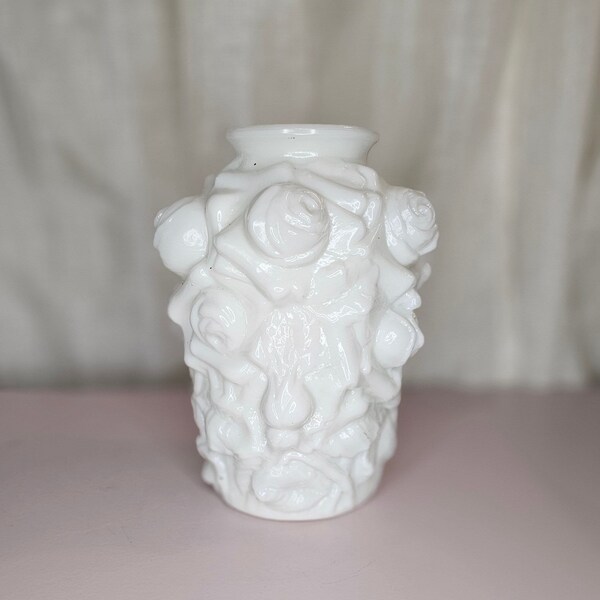 Antique EAPG Lancaster White Milk Glass Vase Puffy Gaudy Rose 7” Tall