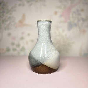 May include: A ceramic vase with a speckled, gradient design. The vase transitions from a brown base to a gray, white, and black upper section. The rim is a light gold color. The vase has a bulbous body and a narrow neck.