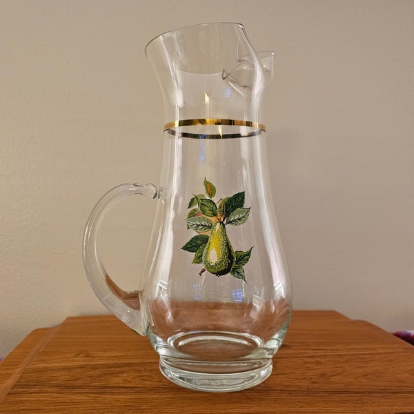 Vintage West Virginia Glass Tall Pitcher with Fruit Design Pear and Peach Details Gold Band MCM Barwear 9" Delicate Glass