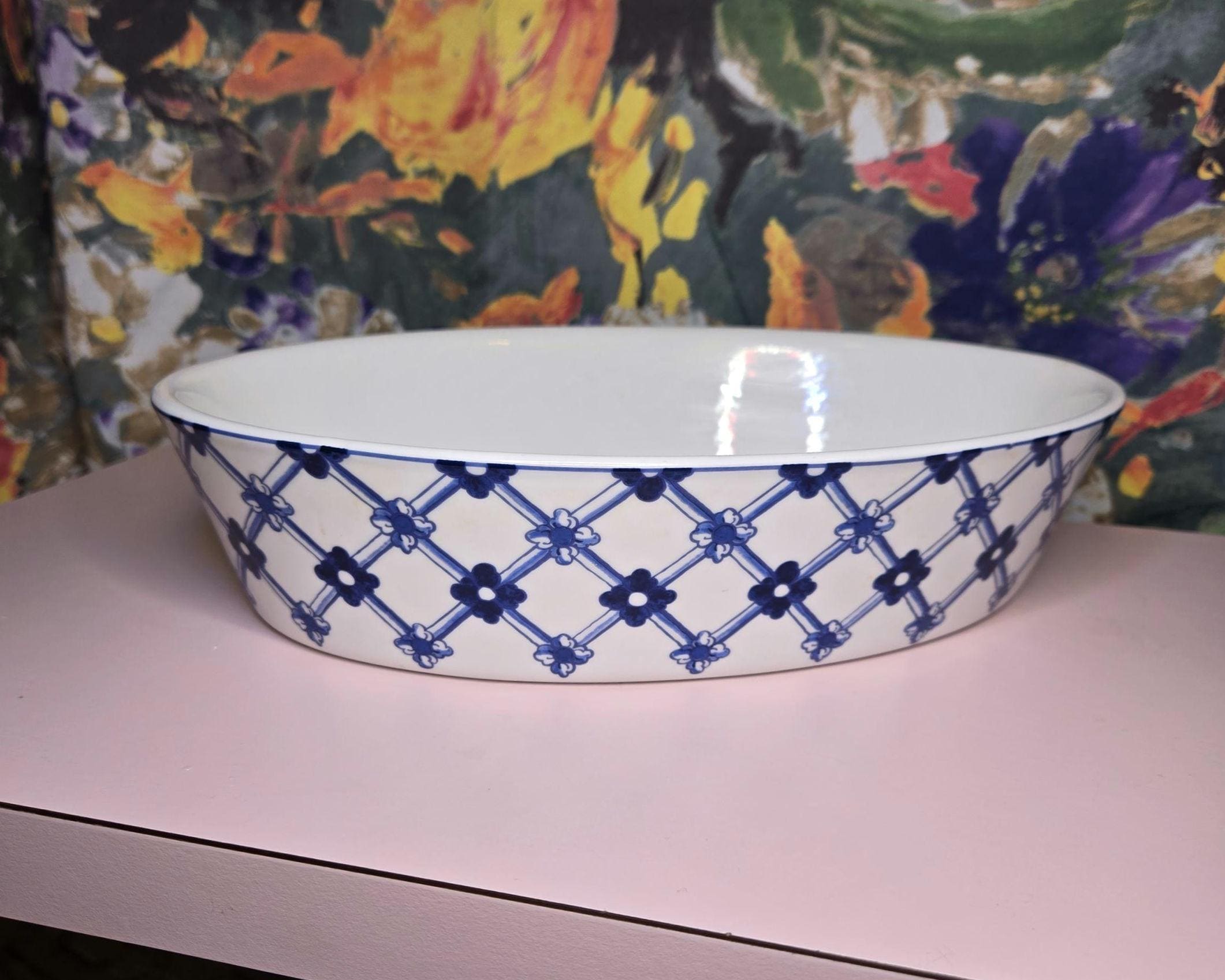 Vista Alegre Portugal Vouga Oval Casserole Bowl Dish Blue Lattice