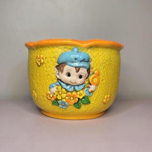 Vintage D-Ann Imp Japan Ceramic Planter, Yellow Boy Planter, Kawaii Child Flower Pot, Mid Century Nursery Planter, 6 Inch Cachepot