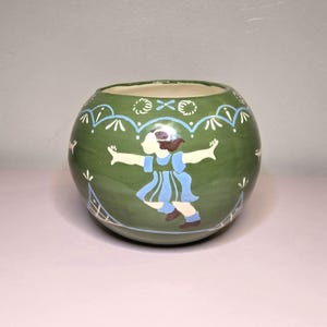 Vintage Hand Painted Green Ceramic Planter – Folk Art Bowl with Dancing Girl Design, Mid Century Pottery Decor