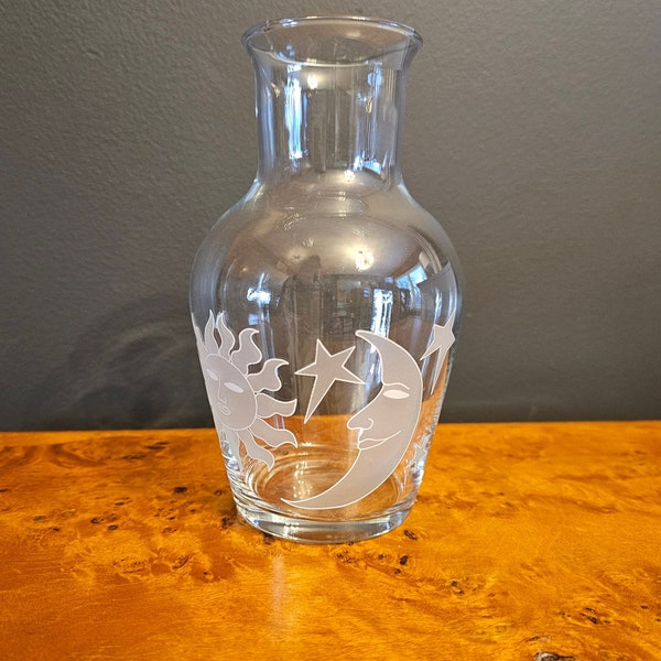 1990s Vintage Sun and Moon Frosted Glass Bedside Carafe / Vase 7"