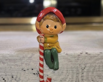 1984 Hallmark Kitschy Pixie Elf Stocking Hanger Candy Cane Hook Vintage Christmas Mantel Shelf Sitter Pixie Holiday Decor