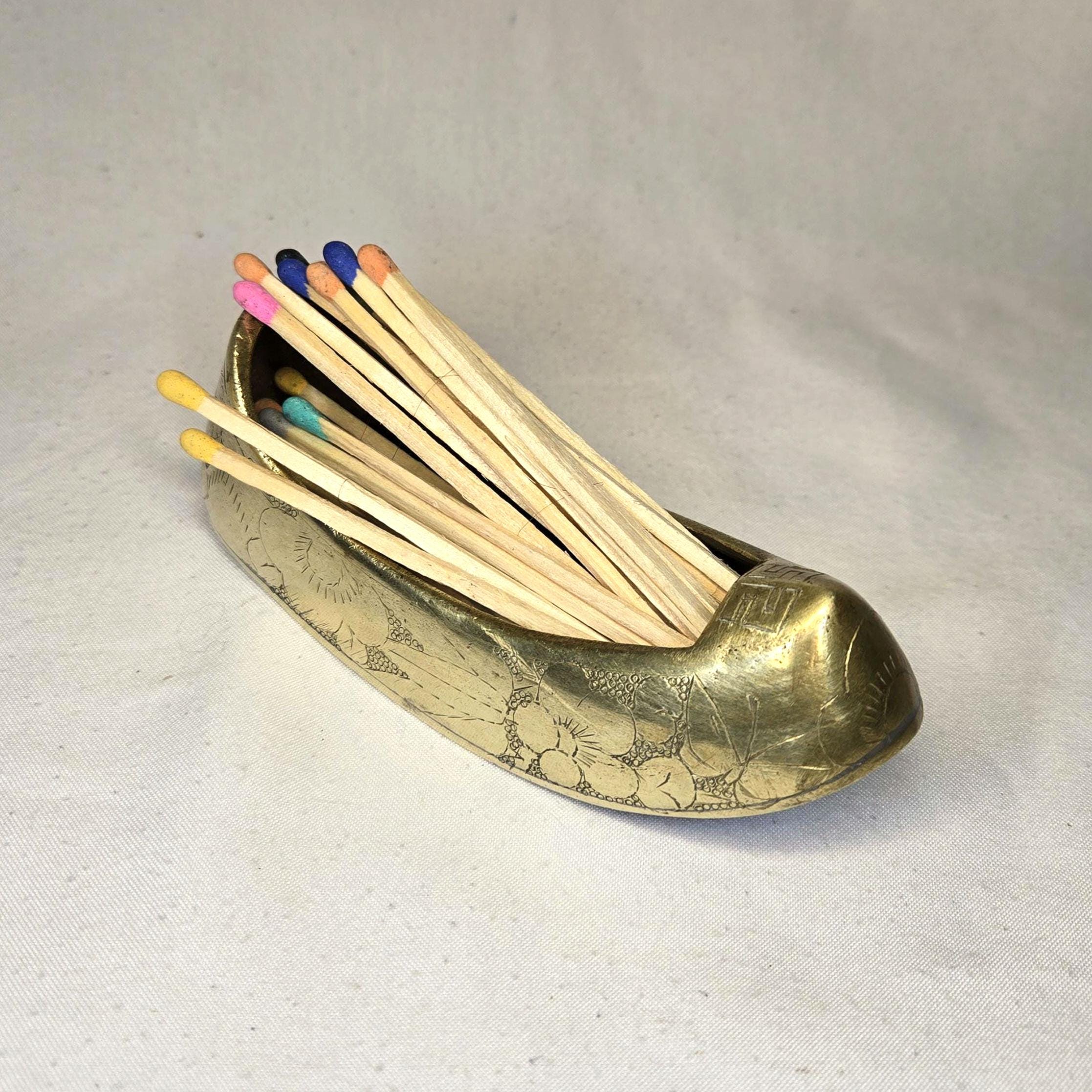 Vintage Brass Shoe Match Striker | Engraved Slipper Match Holder