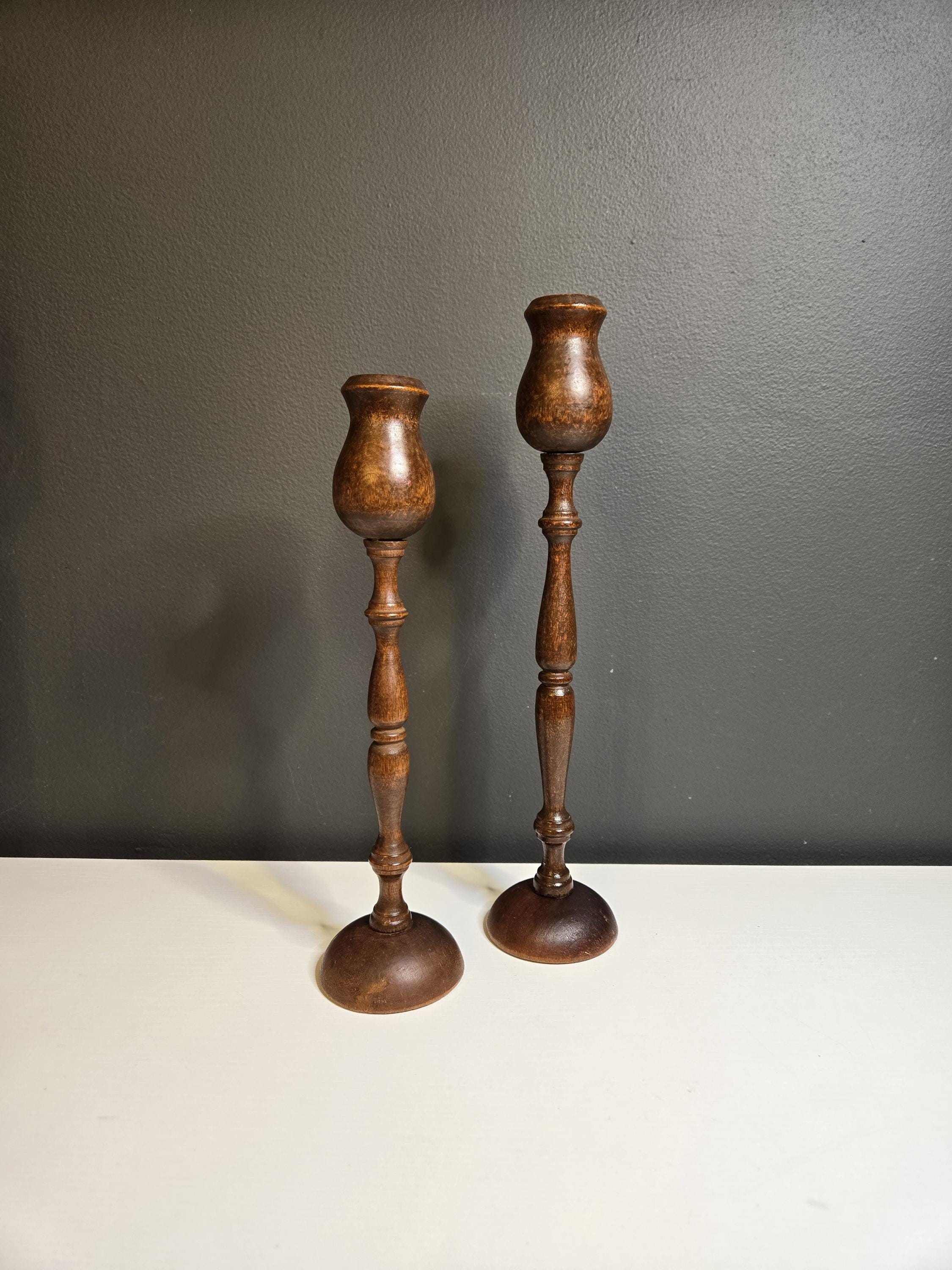 Set of 2 Vintage Turned Wood / Antique Wood Candlestick Holders Spindle ...