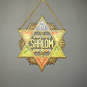 Vintage Enameled Brass Star of David Shalom Wall Hanging