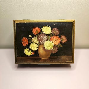 Antique Mirrored Wood Jewelry Box with Hinged Lid and Beautiful Floral Painted Top